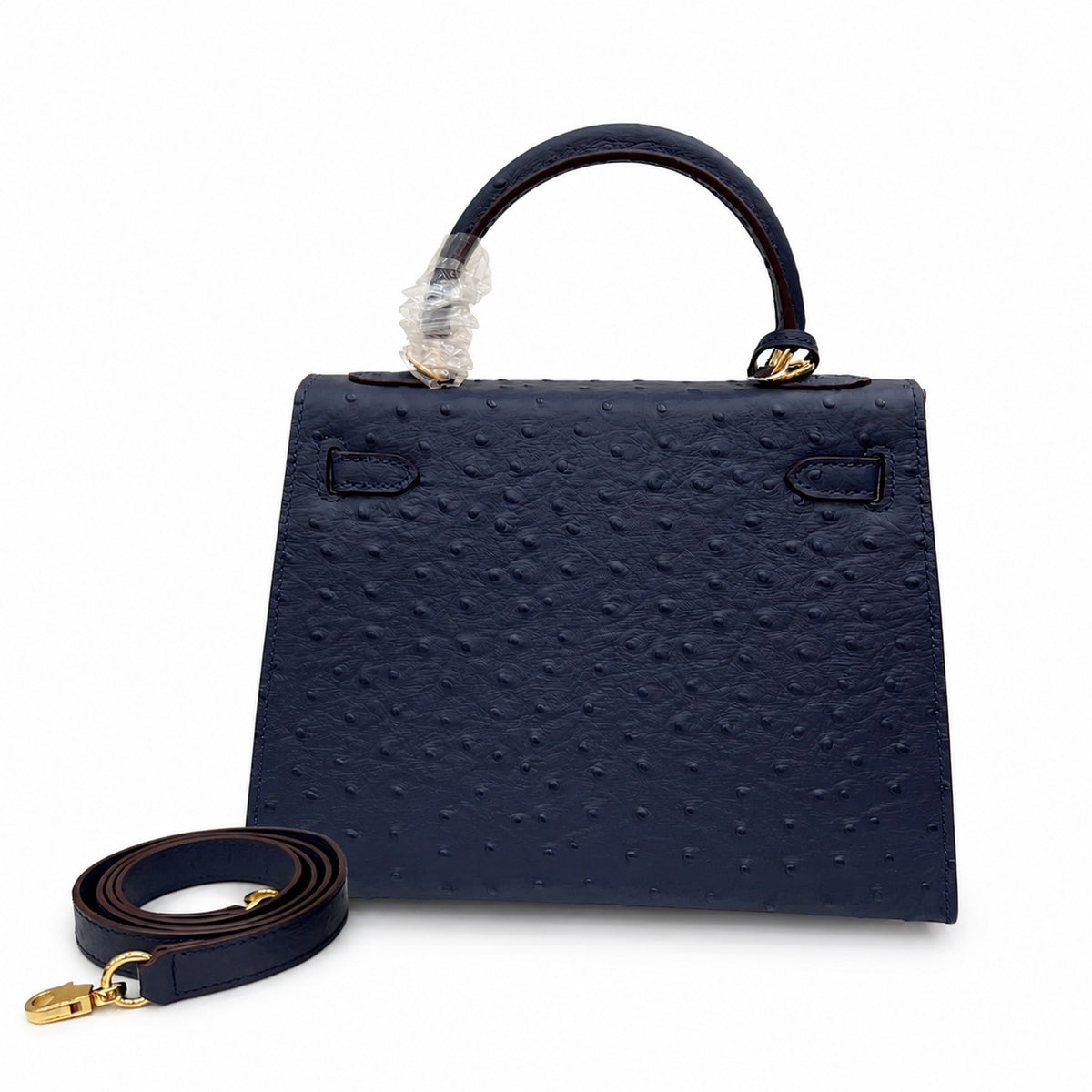elly Sellier 25cm Bleu Nuit Ostrich Gold Hardware Luxury Commute — Timeless Top-Handle Design