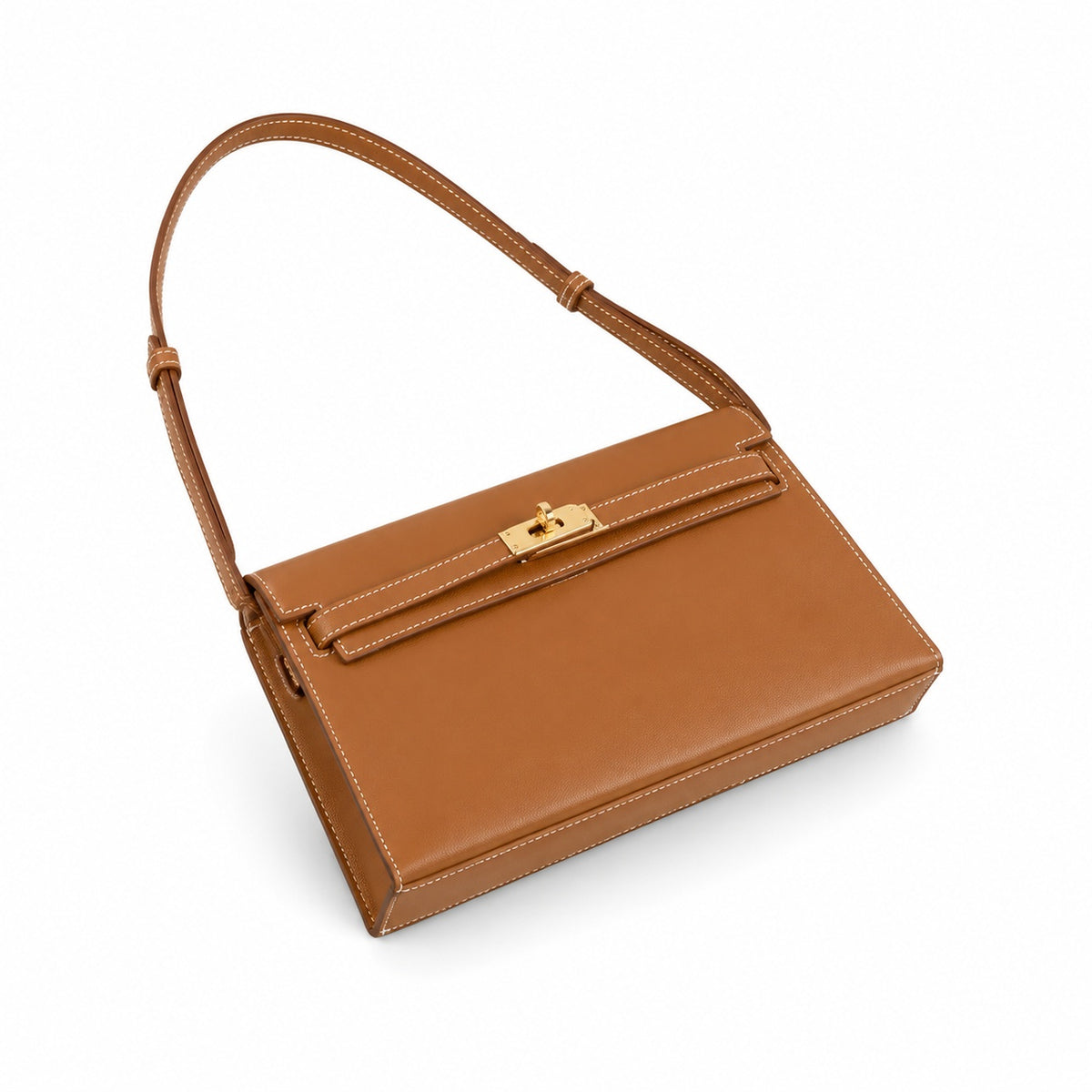 Kelly Elan 25x6.5x15cm Underarm Baguette Bag in Brown with Gold Buckle — Distinctive Elongated Handbag