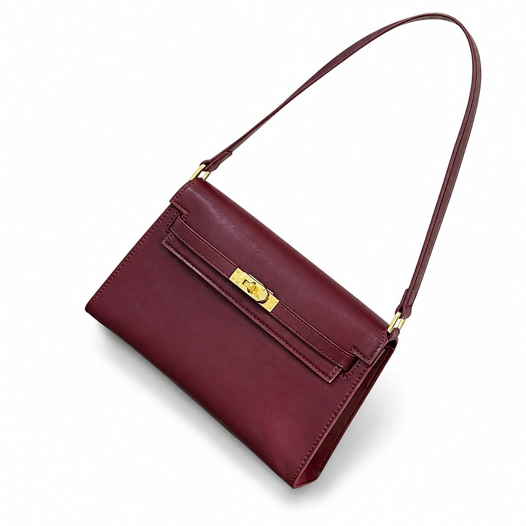 Kelly Elan 25x6.5x15cm Underarm Baguette Bag in Wine Red with Gold Hardware — Refined Underarm Handbag