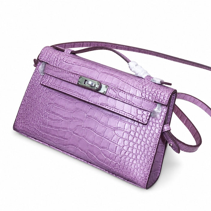 Kelly Pochette Lilac Shiny Niloticus Crocodile Leather Palladium Hardware Women Clutch Bag — Refined Small Hand-Carry Bag