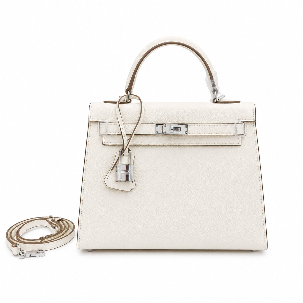 Kelly Sellier 25cm & 28cm Craie Epsom Leather Palladium Hardware Women Luxury — Streamlined Top-Handle Handbag