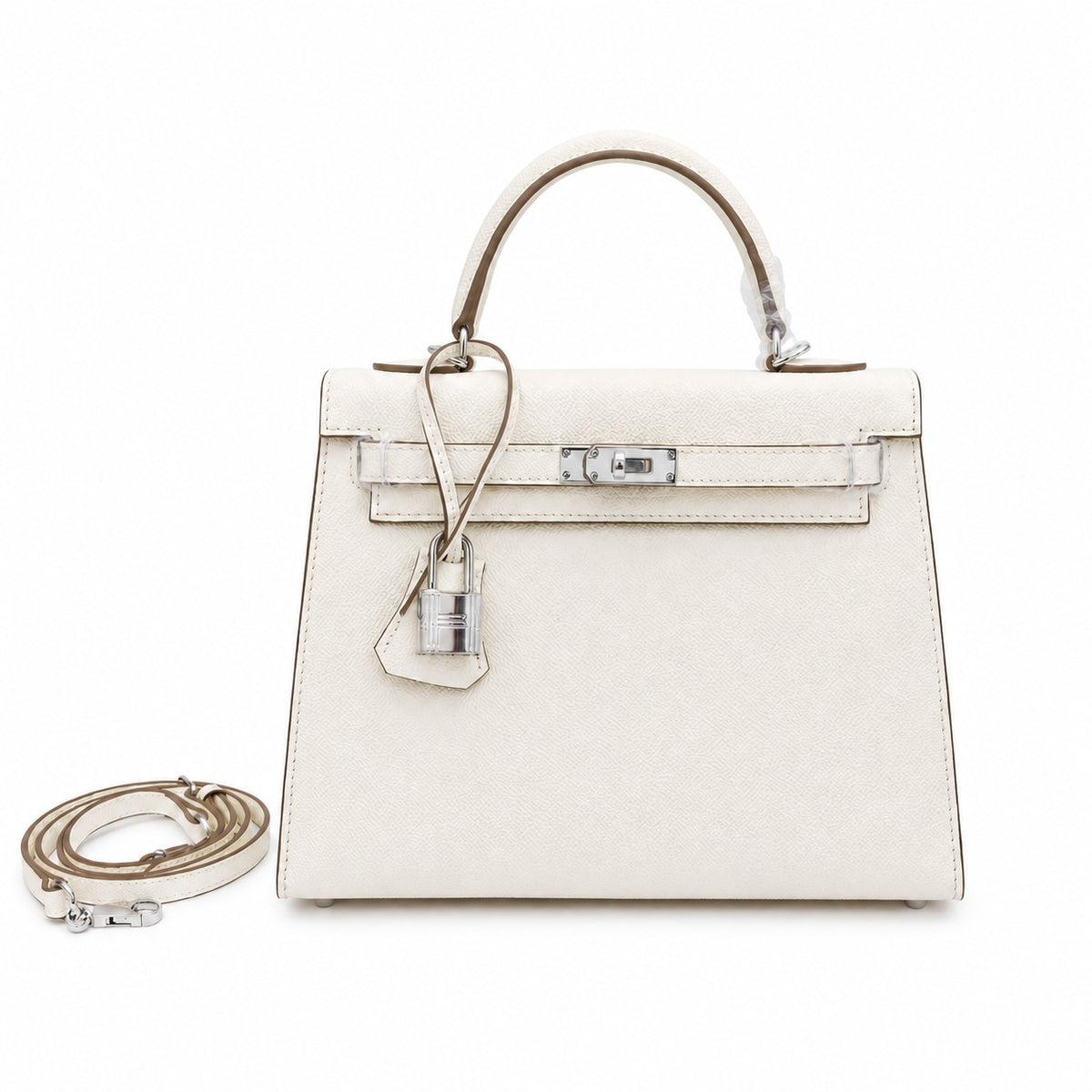 Kelly Sellier 25cm & 28cm Craie Epsom Leather Palladium Hardware Women Luxury — Streamlined Top-Handle Handbag