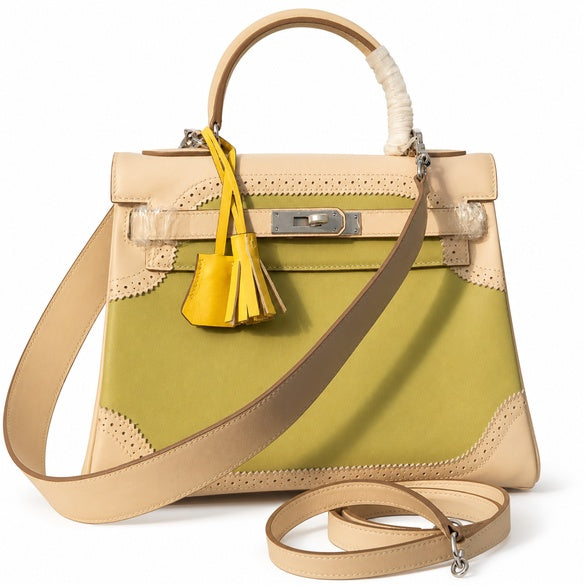Kelly Sellier Ghillies 28cm Craie & Vert Pomme Barenia Leather Palladium Hardware — Versatile Structured Bag