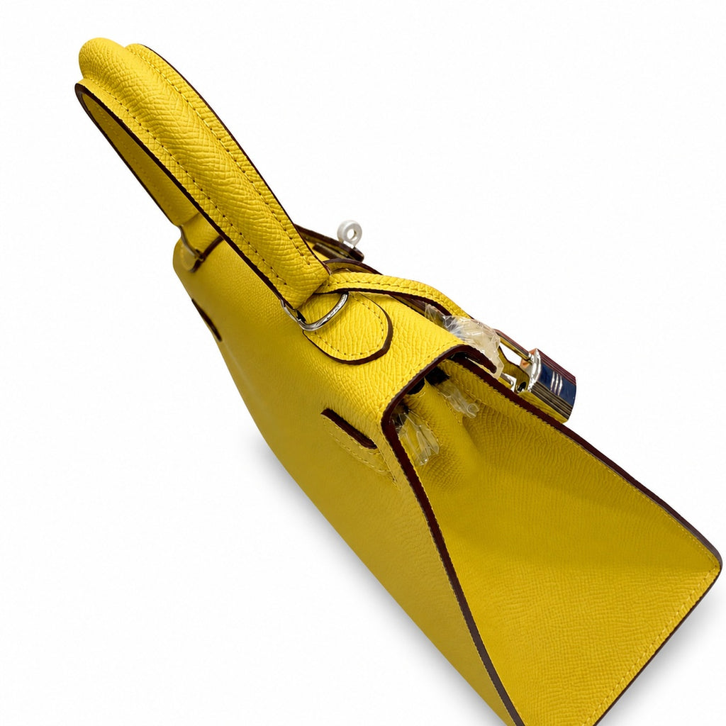 Kelly Sellier 25cm & 28cm Jaune Ambre Epsom Leather Palladium Hardware Women Luxury — Refined Top-Handle Bag