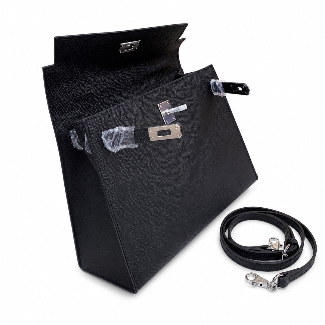 Kelly Sellier 25cm & 28cm Noir Epsom Leather Palladium Hardware Women Luxury — Distinctive Hand-Carry Bag