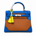 Kelly Sellier Ghillies 28cm Bleu Izmir & Natural Sable Barenia Leather Palladium Hardware — Refined Top-Handle Bag
