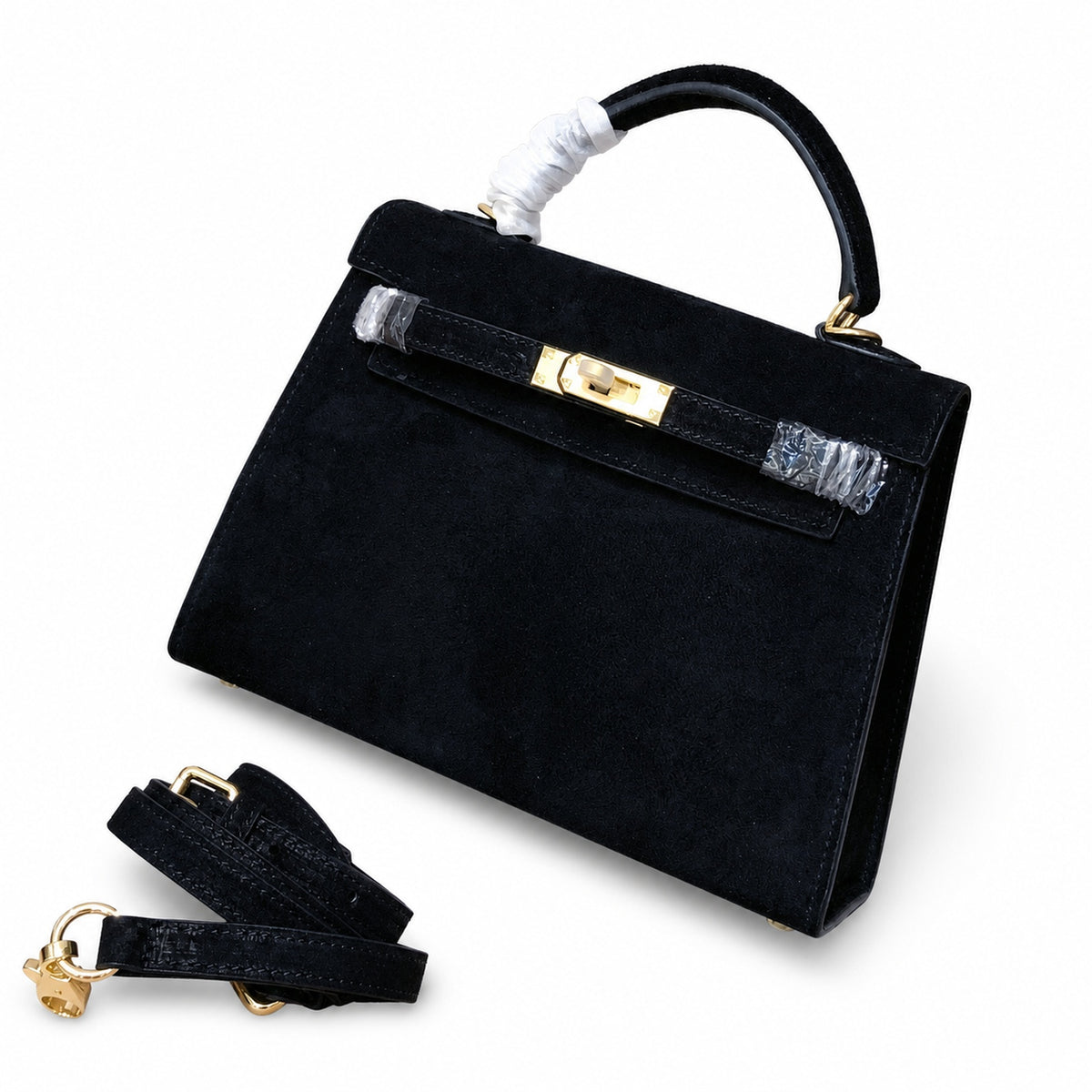 Kelly Sellier 22cm Noir Suede Leather Gold Hardware — Polished Structured Handbag