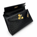 Mini Kelly Sellier 22cm Noir Ostrich Leather Gold Hardware — Small Structured Carry Style