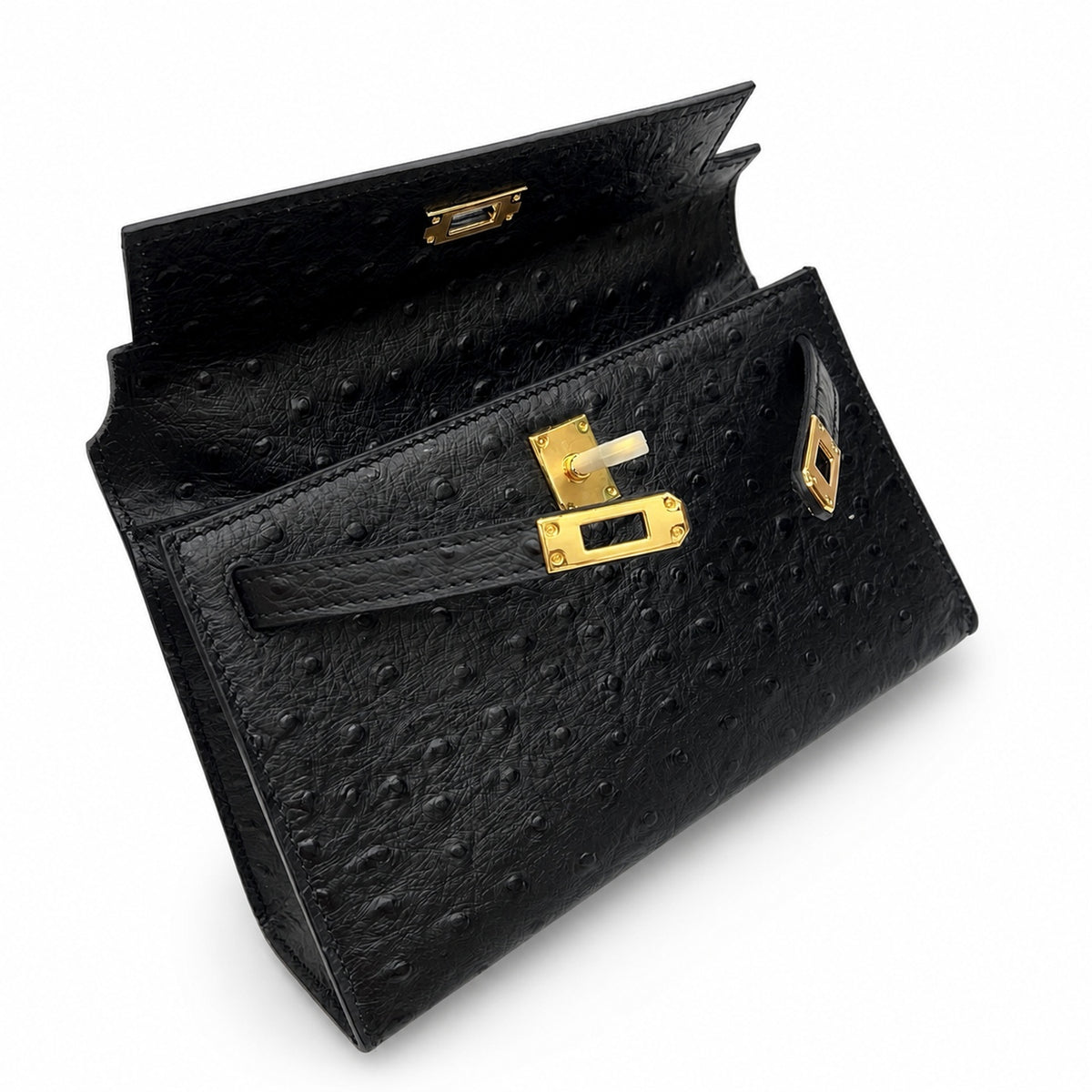 Mini Kelly Sellier 22cm Noir Ostrich Leather Gold Hardware — Small Structured Carry Style