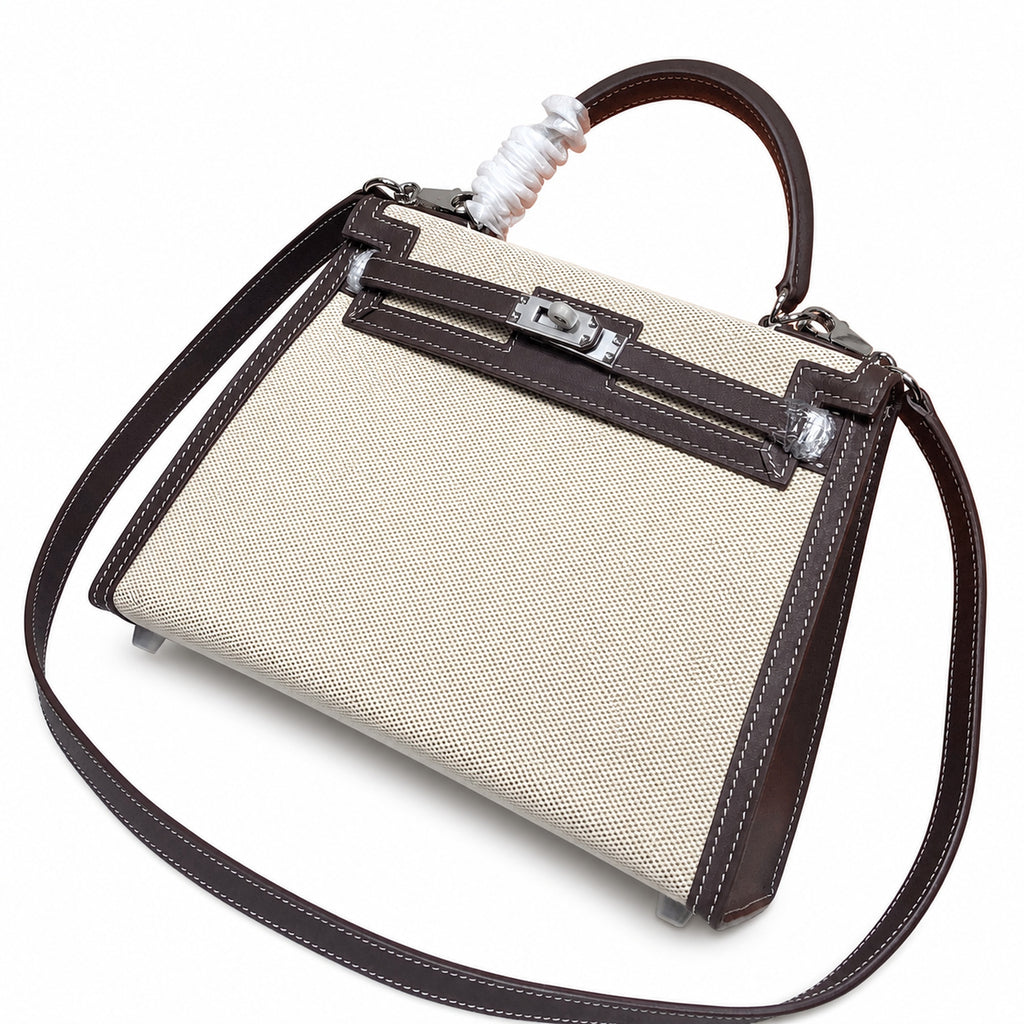 Kelly 25cm Patchwork Canvas and Swift Leather in Deep Ebony — Versatile Structured Bag
