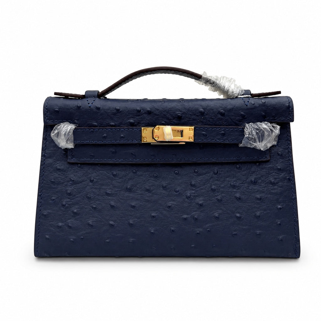 Mini Kelly Sellier 22cm Bleu Nuit Ostrich Leather Gold Hardware — Compact Top-Handle Bag