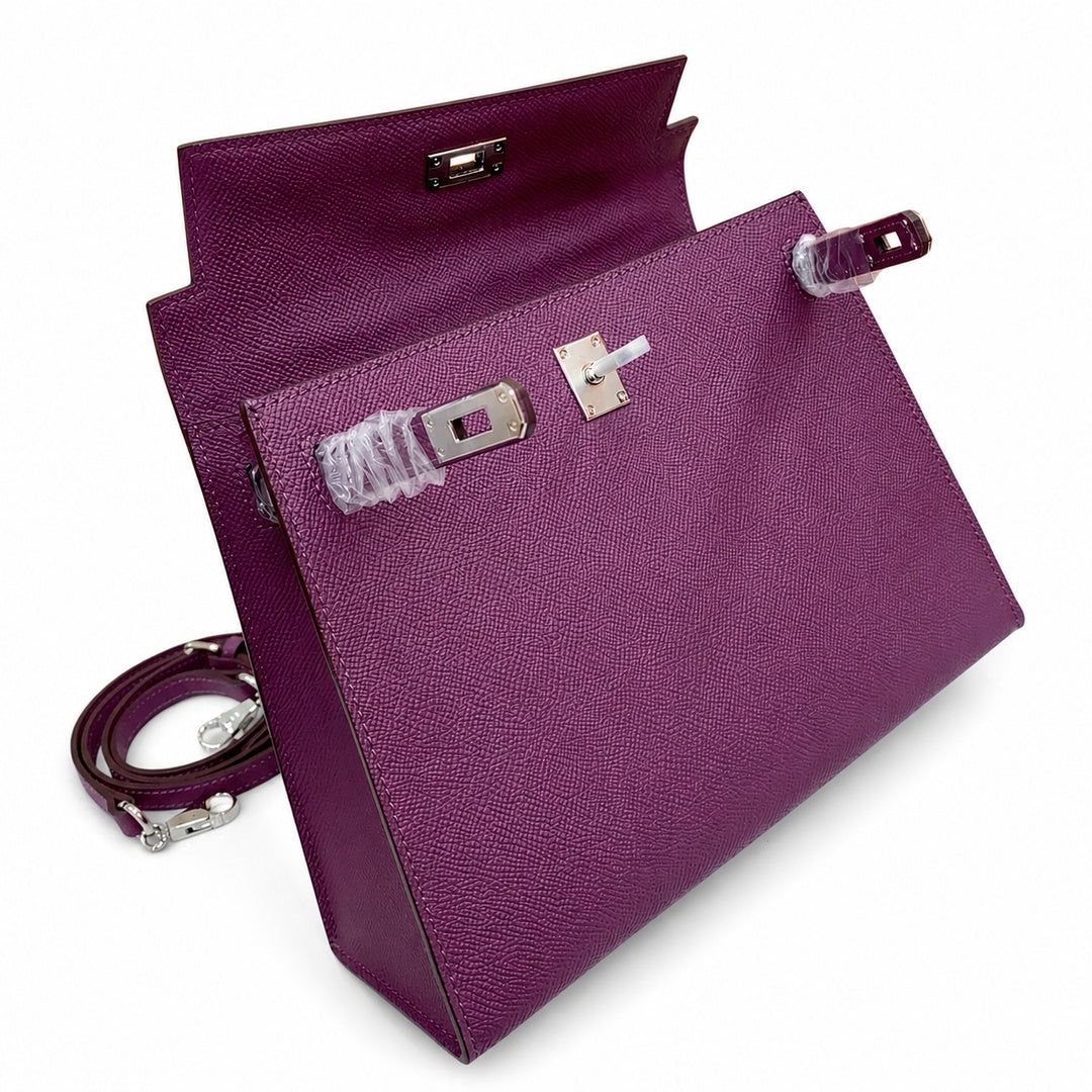 Kelly Sellier 25cm & 28cm Violine Epsom Leather Palladium Hardware Commute Shoulder — Timeless Top-Handle Design