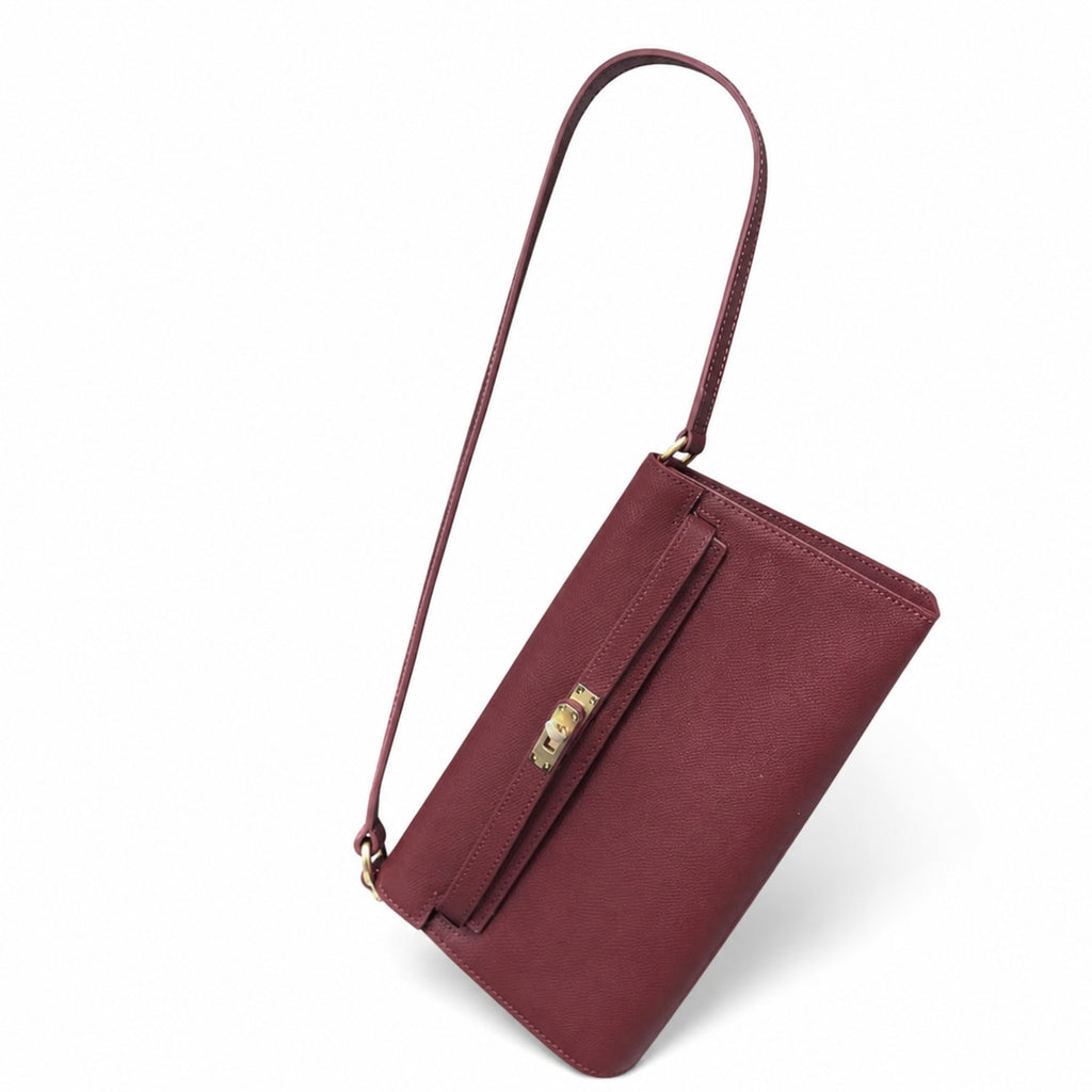 Kelly Elan 25x6.5x15cm Underarm Baguette Bag in Wine Red with Gold Hardware — Refined Underarm Handbag