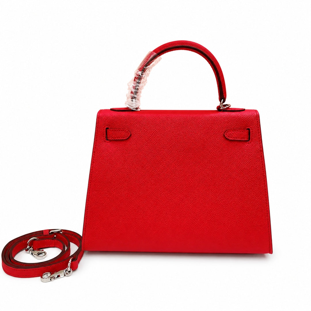Kelly Sellier 25cm & 28cm Rouge Casaque Epsom Leather Palladium Hardware Crossbody — Polished Structured Handbag