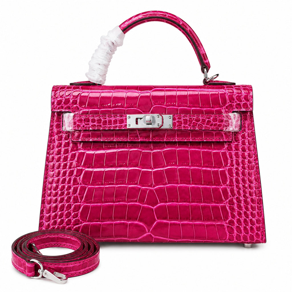 Kelly Sellier 22cm Fuchsia Shiny Crocodile Leather Gold Hardware & Palladium Hardware — Streamlined Top-Handle Handbag