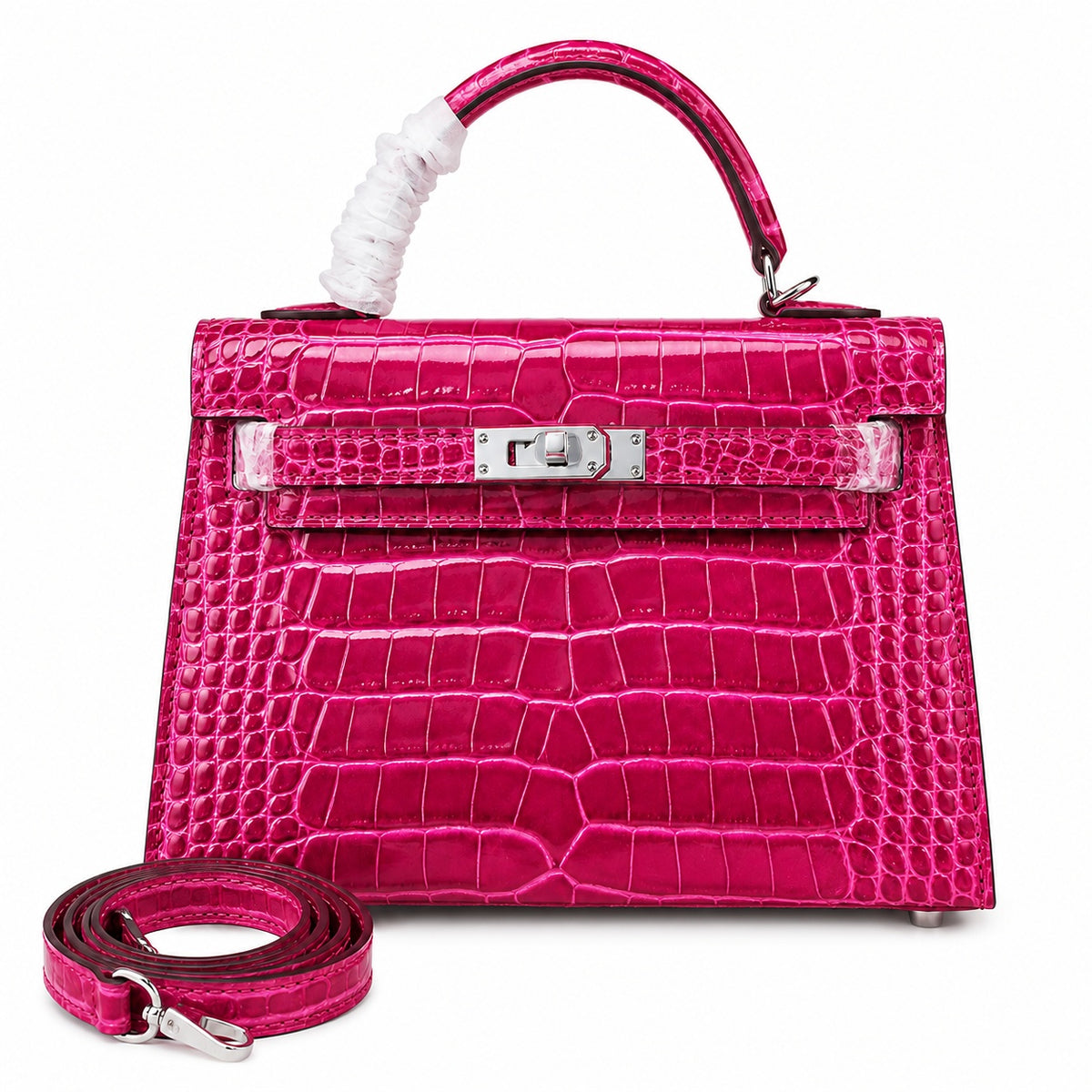 Kelly Sellier 22cm Fuchsia Shiny Crocodile Leather Gold Hardware & Palladium Hardware — Streamlined Top-Handle Handbag