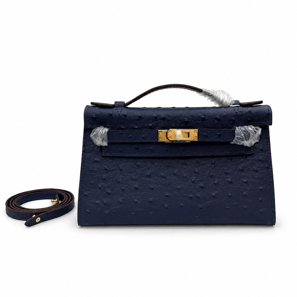 Mini Kelly Sellier 22cm Bleu Nuit Ostrich Leather Gold Hardware — Compact Top-Handle Bag