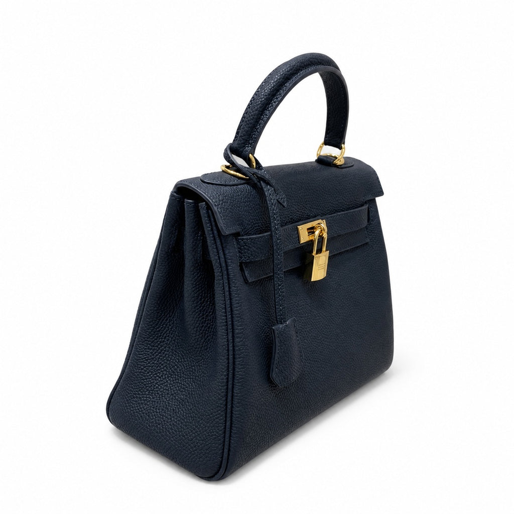 Kelly Sellier 20cm & 25cm & 28cm Bleu Nuit Togo Leather Gold Hardware — Timeless Top-Handle Design