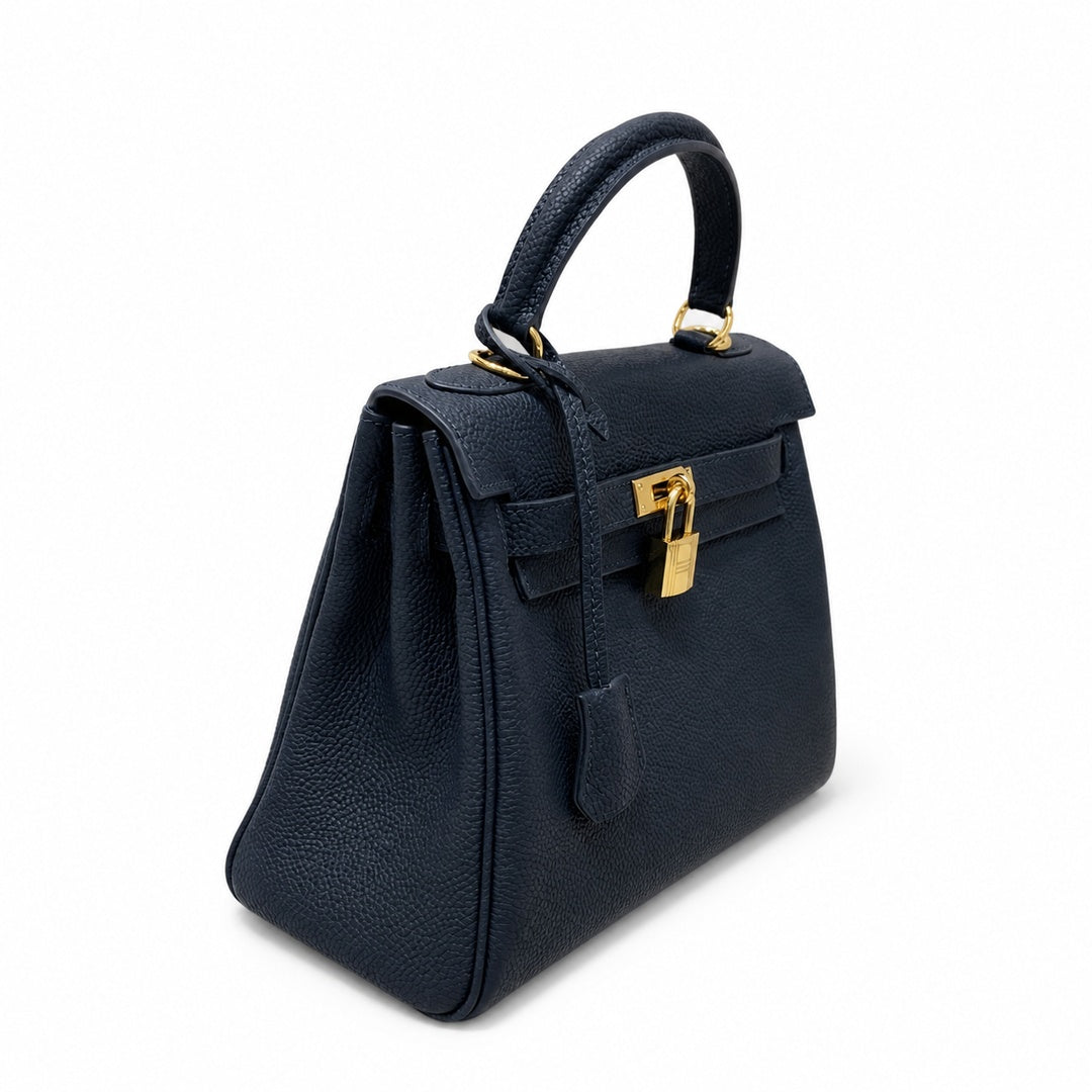 Kelly Sellier 20cm & 25cm & 28cm Bleu Nuit Togo Leather Gold Hardware — Timeless Top-Handle Design