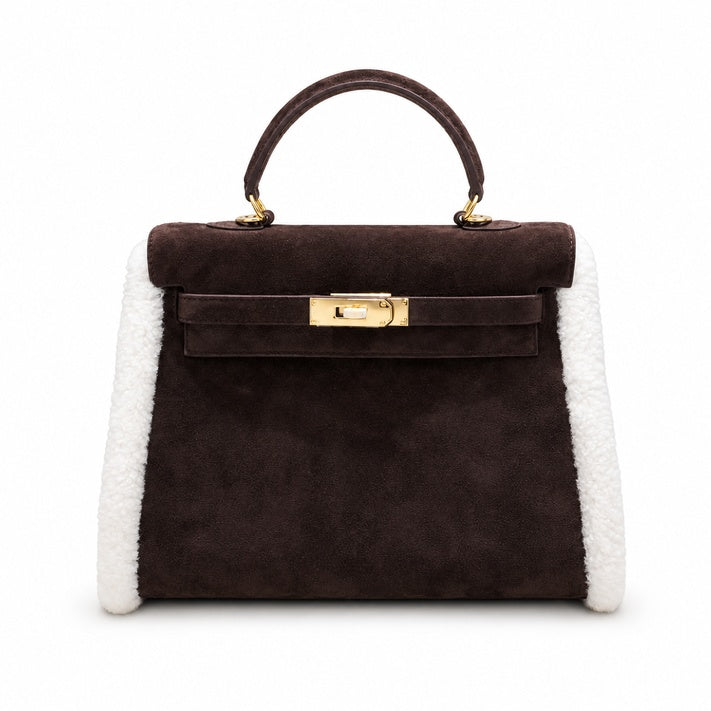 Kelly Sellier 28cm Ebene Suede Leather Gold Hardware Commute Shoulder — Polished Structured Handbag