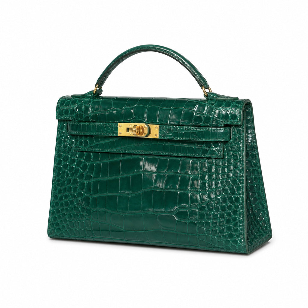 Kelly Pochette Vert Emeraude Shiny Niloticus Crocodile Leather Gold Hardware Women Clutch Bag — Polished Compact Shoulder Style