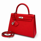 Kelly Sellier 25cm & 28cm Rouge Casaque Epsom Leather Palladium Hardware Crossbody — Polished Structured Handbag