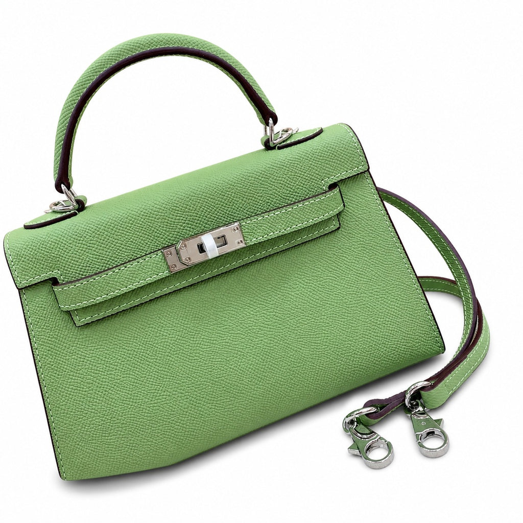 Mini Kelly II Sellier 19cm & 22cm Vert Pistache Epsom Leather Palladium Hardware — Distinctive Petite Bag