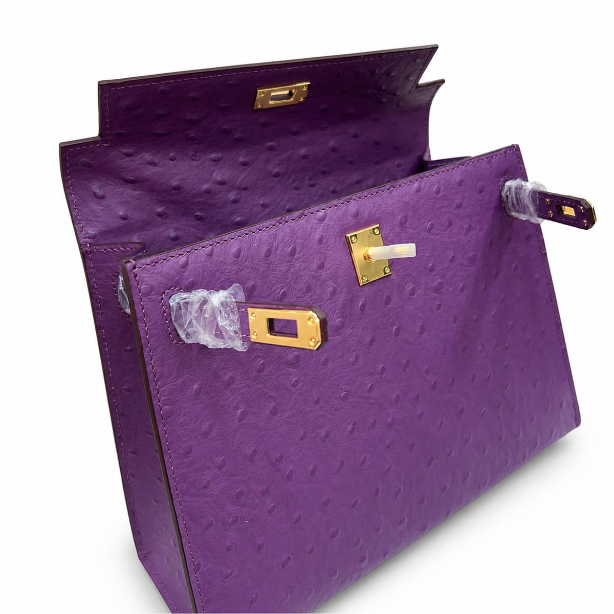 Kelly Sellier 25cm Violine Ostrich Gold Hardware Luxury Commute — Streamlined Top-Handle Handbag