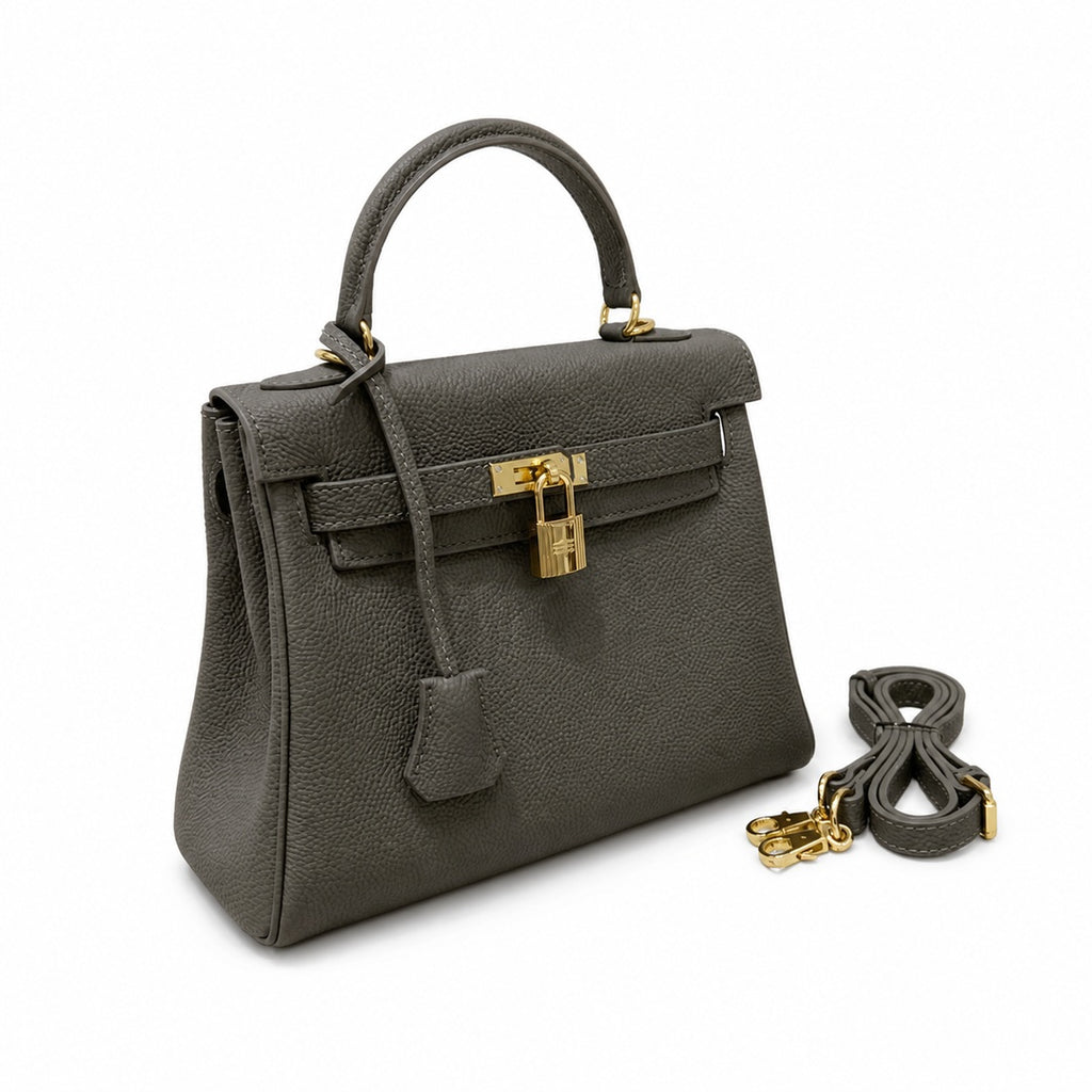 Kelly Sellier 20cm & 25cm & 28cm Gris Asphalte Togo Leather Gold Hardware — Polished Structured Handbag