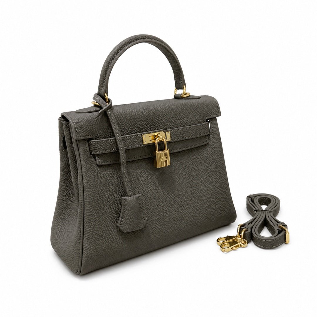 Kelly Sellier 20cm & 25cm & 28cm Gris Asphalte Togo Leather Gold Hardware — Polished Structured Handbag