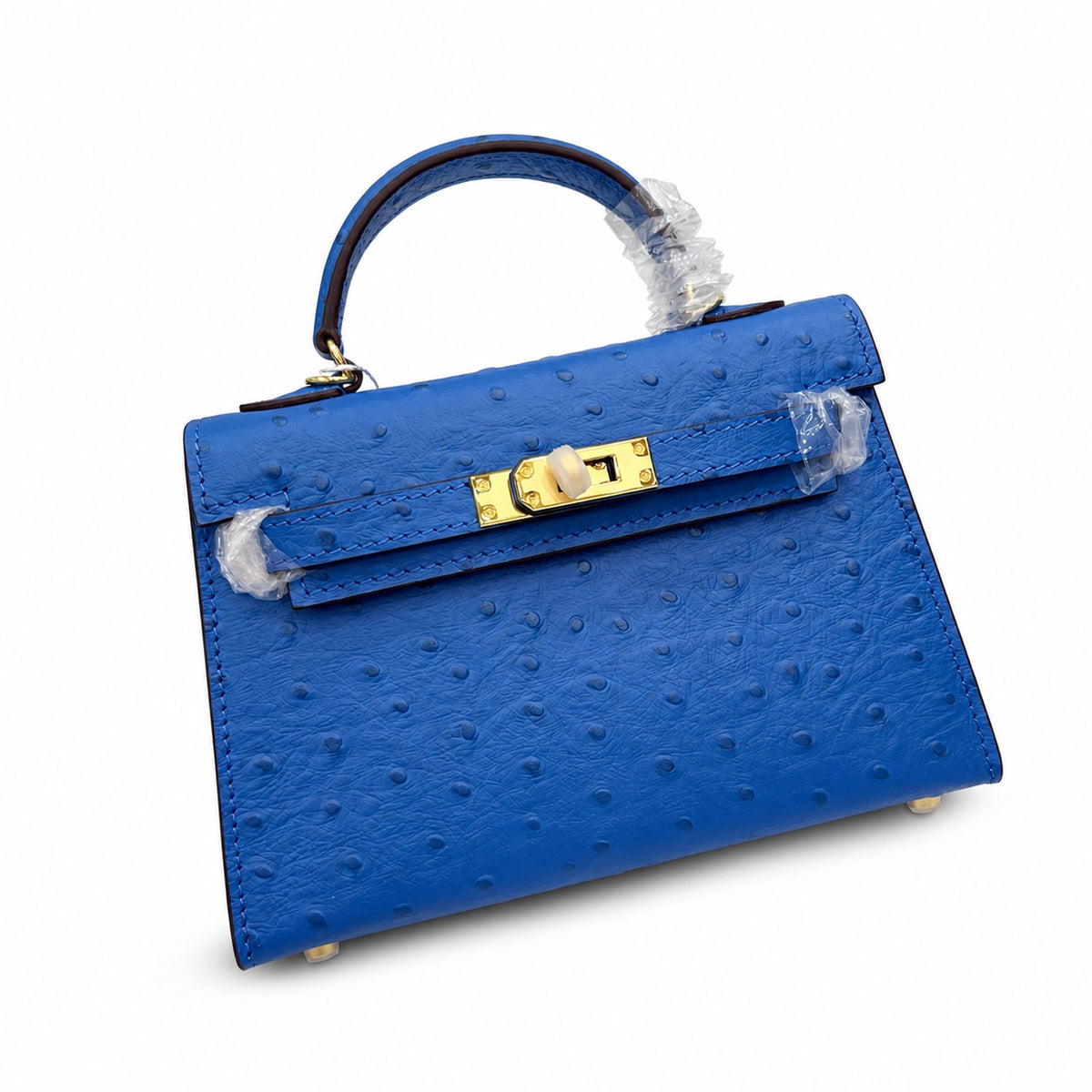 Mini Kelly II 19cm Sellier Bleu Electrique Ostrich Gold Hardware Luxury Crossbody — Compact Top-Handle Bag