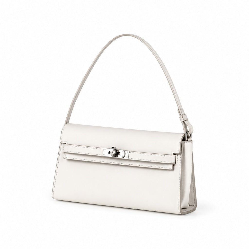 Kelly Elan 25x6.5x15cm Underarm Baguette Bag in Off White with Silver Hardware — Streamlined Elan Carry Design