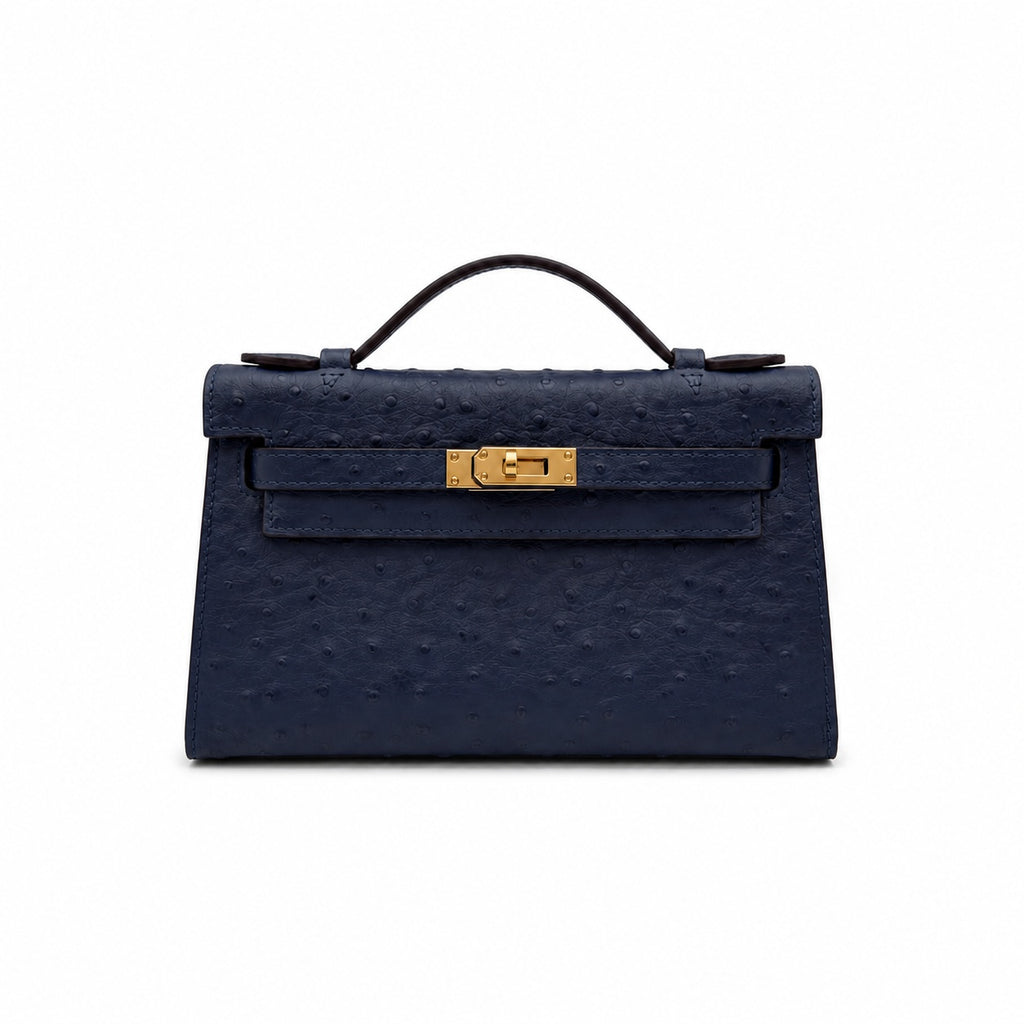 Mini Kelly Sellier 22cm Bleu Nuit Ostrich Leather Gold Hardware — Compact Top-Handle Bag