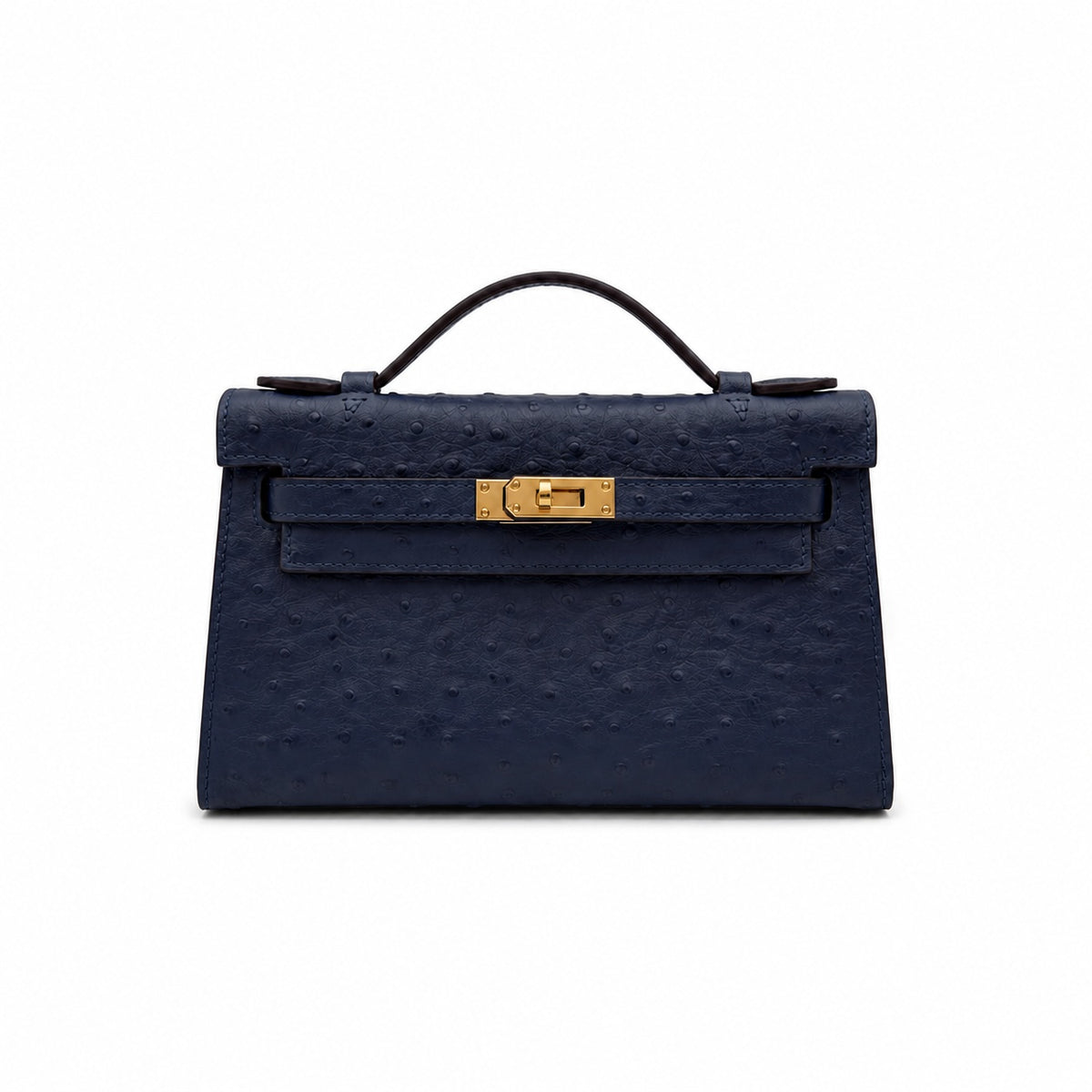 Mini Kelly Sellier 22cm Bleu Nuit Ostrich Leather Gold Hardware — Compact Top-Handle Bag