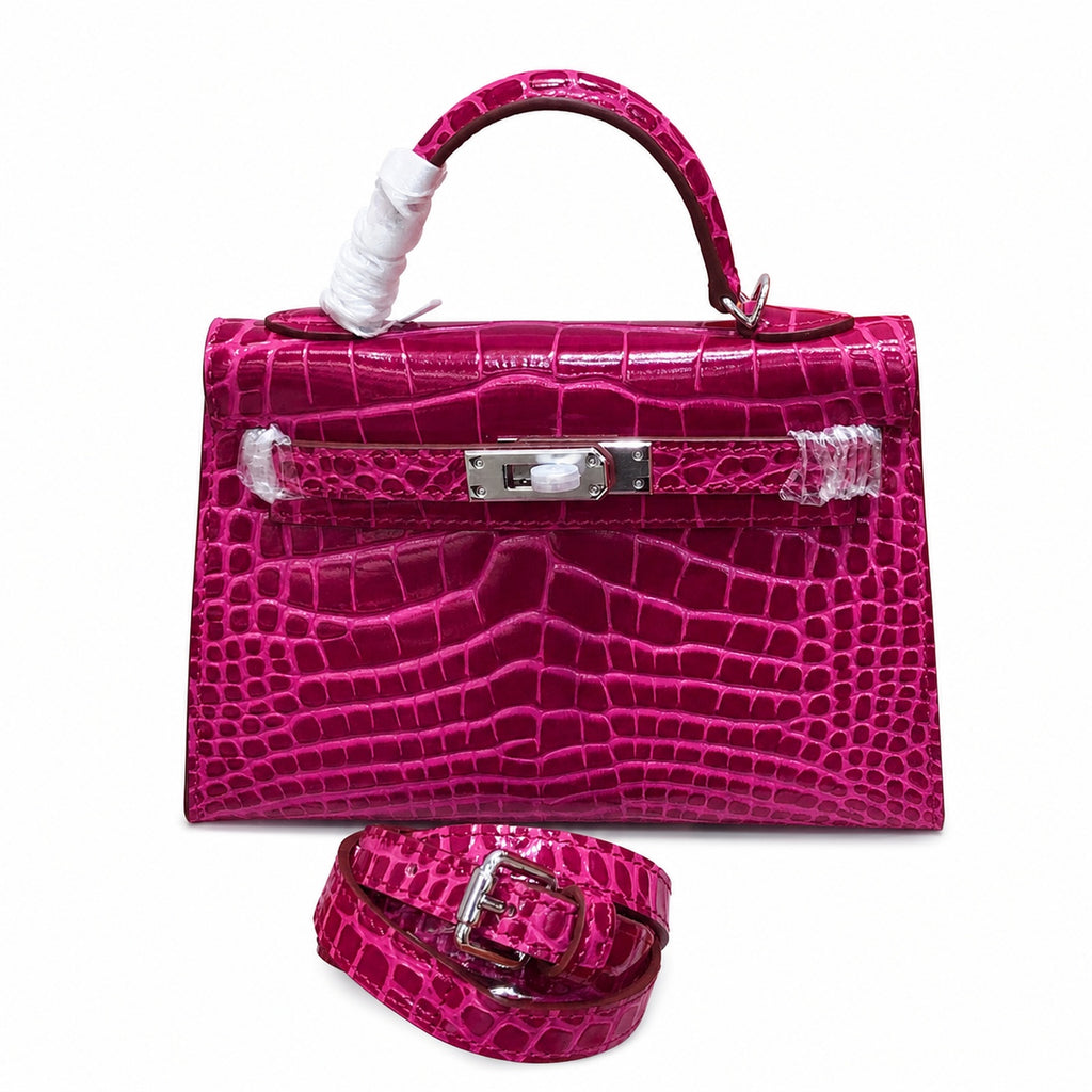 Kelly Sellier 19cm Fuchsia Shiny Crocodile Leather Gold Hardware & Palladium Hardware — Versatile Structured Bag