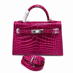 Kelly Sellier 19cm Fuchsia Shiny Crocodile Leather Gold Hardware & Palladium Hardware — Versatile Structured Bag