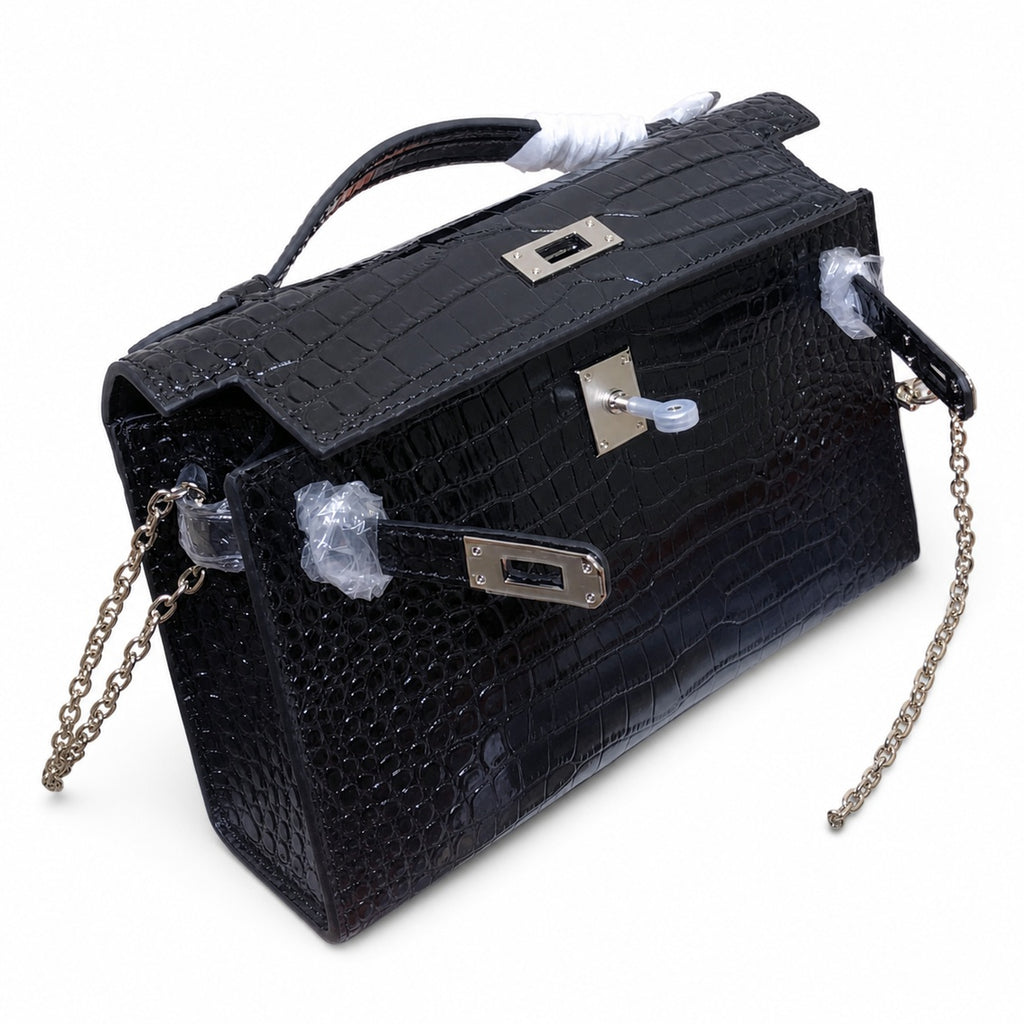 Kelly Pochette Noir Shiny Niloticus Crocodile Leather Palladium Hardware & Palladium Hardware Women Clutch Bag — Elegant Petite Clutch