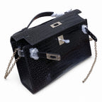 Kelly Pochette Noir Shiny Niloticus Crocodile Leather Palladium Hardware & Palladium Hardware Women Clutch Bag — Elegant Petite Clutch