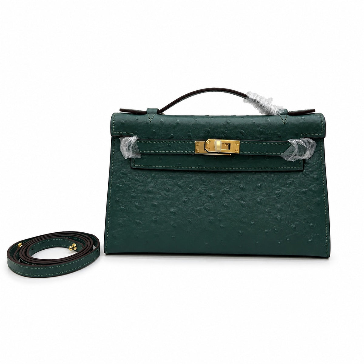 Mini Kelly II Sellier 19cm & 22cm Vert Fonce Ostrich Leather Gold Hardware — Sophisticated Small-Scale Bag