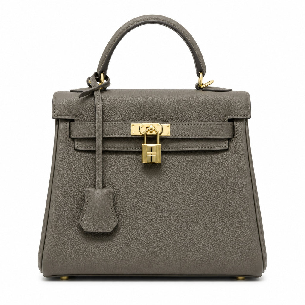 Kelly Sellier 20cm & 25cm & 28cm Gris Asphalte Togo Leather Gold Hardware — Polished Structured Handbag