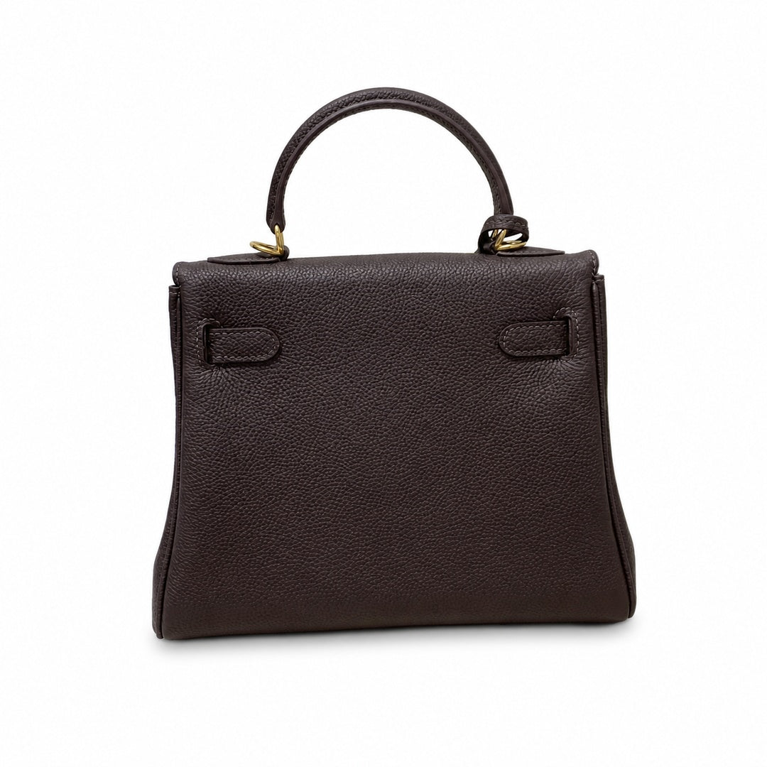 Kelly Sellier 20cm & 25cm & 28cm Marron Foncé Togo Leather Gold Hardware — Structured Top-Handle Handbag