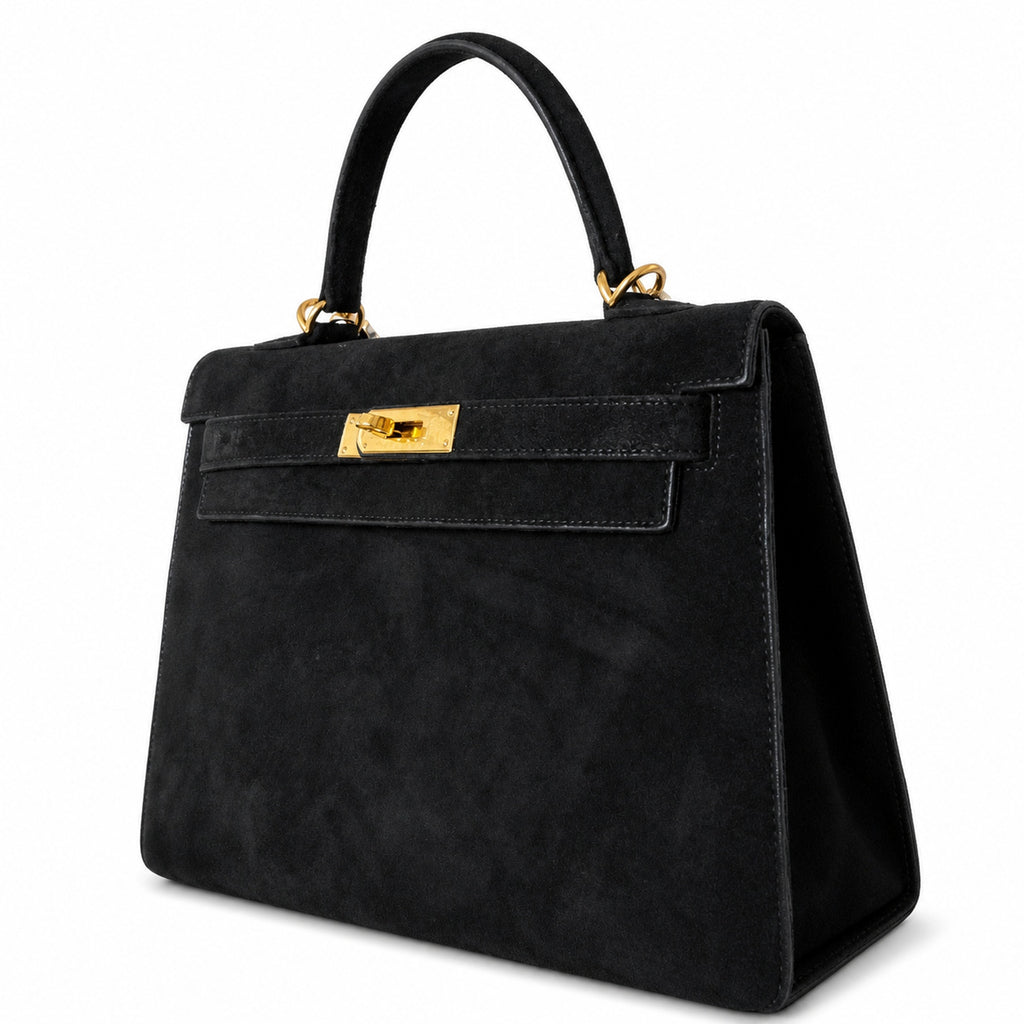 Kelly Sellier 22cm Noir Suede Leather Gold Hardware — Polished Structured Handbag