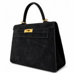Kelly Sellier 22cm Noir Suede Leather Gold Hardware — Polished Structured Handbag