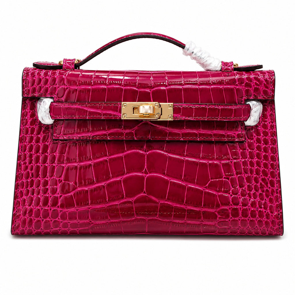 Kelly Pochette Fuchsia Shiny Niloticus Crocodile Leather Gold Hardware Women Clutch Bag — Polished Compact Shoulder Style