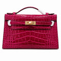 Kelly Pochette Fuchsia Shiny Niloticus Crocodile Leather Gold Hardware Women Clutch Bag — Polished Compact Shoulder Style