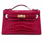 Kelly Pochette Fuchsia Shiny Niloticus Crocodile Leather Gold Hardware Women Clutch Bag — Polished Compact Shoulder Style