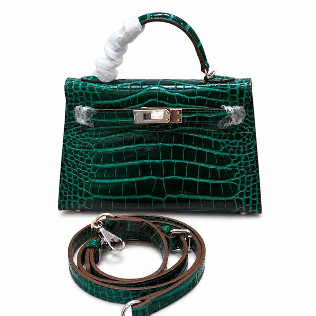 Kelly Sellier 19cm Vert Emeraude Shiny Crocodile Leather Gold Hardware & Palladium Hardware — Distinctive Hand-Carry Bag