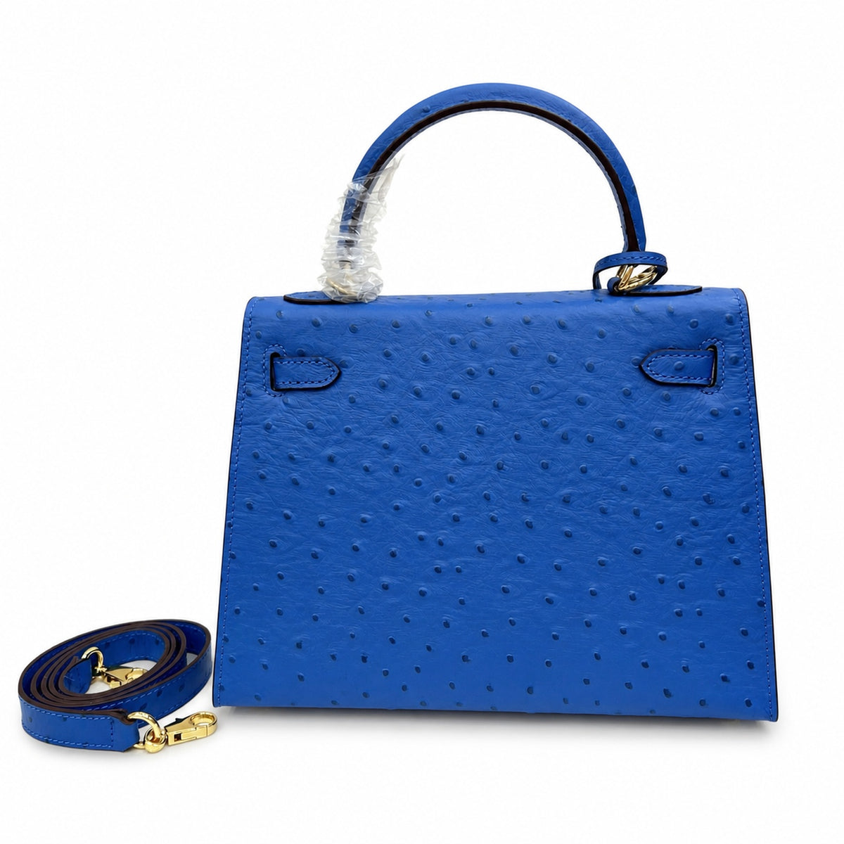 Kelly Sellier 25cm Bleu Electrique Ostrich Gold Hardware Premium Crossbody Purse — Structured Top-Handle Handbag