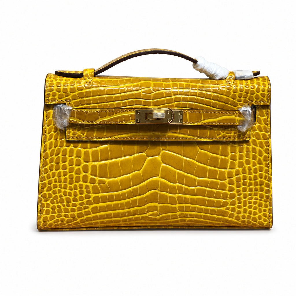 Kelly Pochette Jaune Ambre Shiny Niloticus Crocodile Leather Palladium Hardware Women Clutch Bag — Compact Pochette Clutch