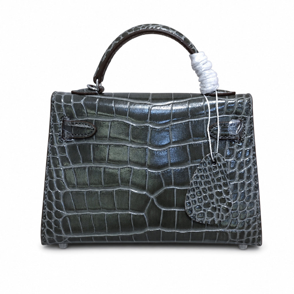 Kelly Sellier 19cm Gris Elephant Shiny Crocodile Leather Gold Hardware & Palladium Hardware — Elegant Structured Carry Style